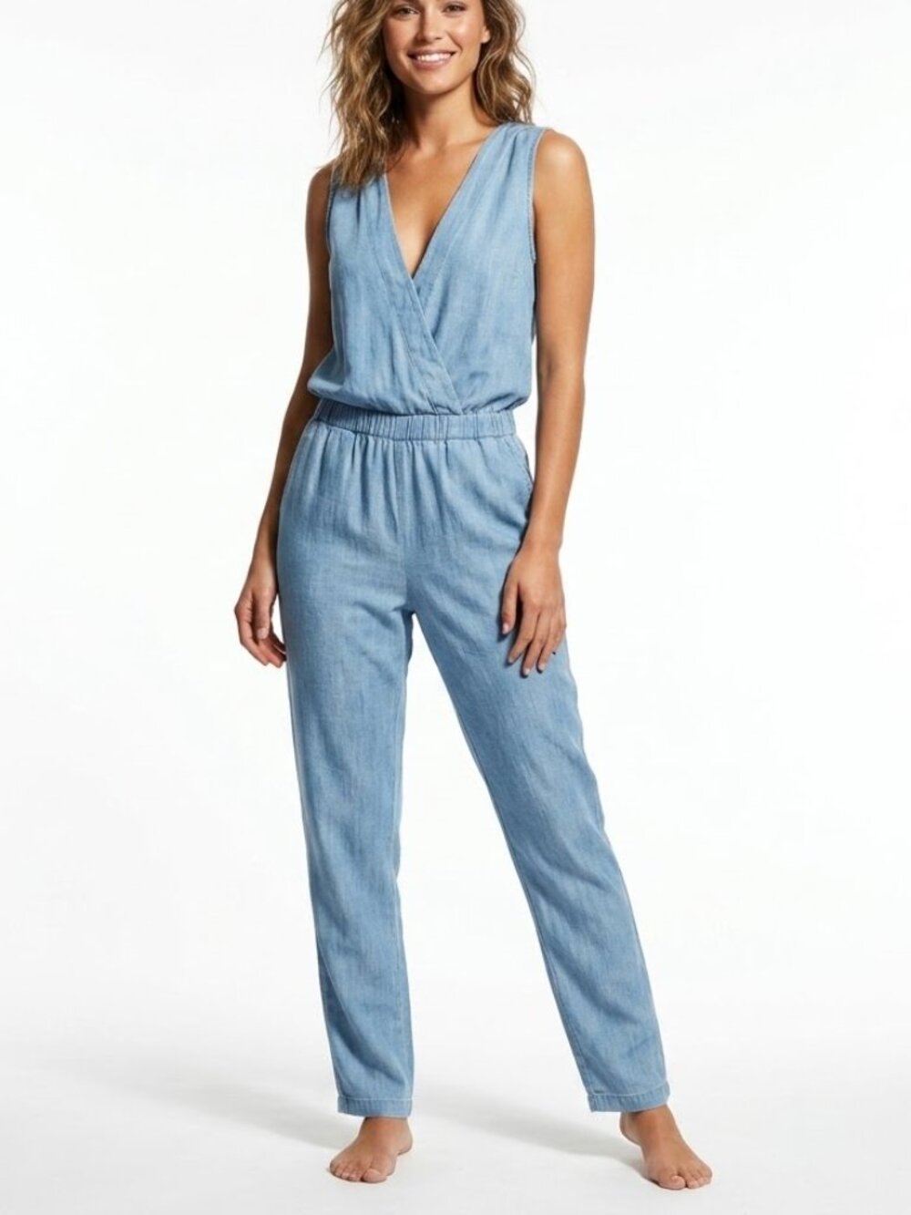 STYLE ENVY Coastal Cowgirl Light Blue Mock Neck Snap Front Jumpsuit S